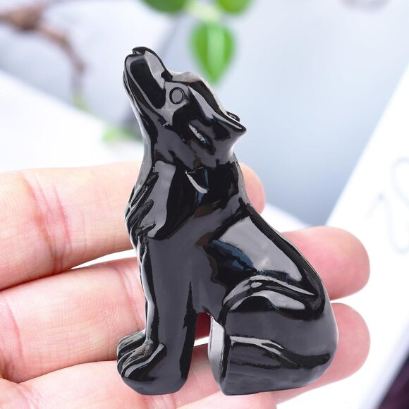 2.1 Inch Black Obsidian Wolf Healing Crystal Stone Energy Gemstones Statue - Picture 2 of 6